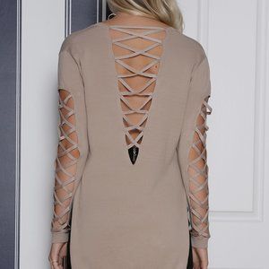 Runaway taupe sweater with cross cross back and sleeves size M side slits